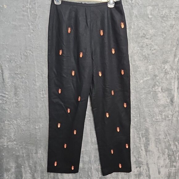 Nicole Studio Womens Size 6 Black Linen Blend Pineapple Embroidered Ankle Pants - Picture 1 of 11